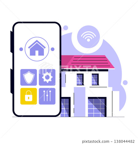 Vector illustration depicting a smartphone interface for smart home control. The image shows security and automation icons, emphasizing the convenience of smart technology in modern homes. 138044482