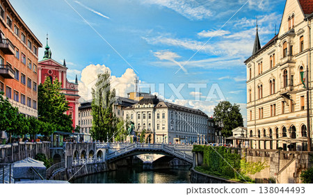 LJUBLJANA, SLOVENIA -  JULY 28, 2017: Old town embankment in Ljubljana. Ljubljana is the business and cultural center of the country. 138044493