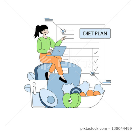 Vector illustration of a woman sitting on a giant scale, using a laptop to plan her diet. Surrounded by healthy food options, she appears focused and engaged in creating a diet plan. Vector illustration of a woman sitting on a giant scale, using a laptop to plan her diet. Surrounded by healthy food options, she appears focused and engaged in creating a diet plan. 138044499