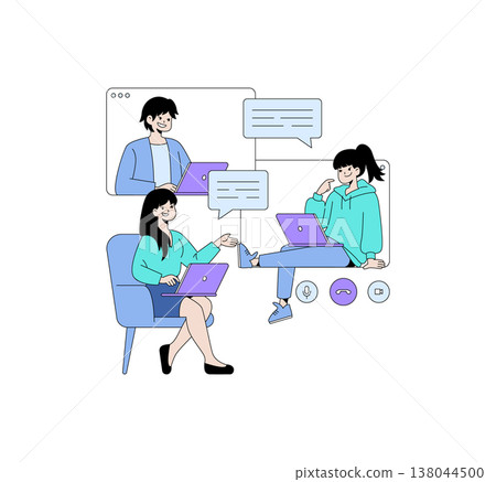 Vector illustration depicting a virtual meeting with three people using laptops and chat bubbles. The setting emphasizes teamwork and online communication in a digital workspace. Vector illustration depicting a virtual meeting with three people using laptops and chat bubbles. The setting emphasizes teamwork and online communication in a digital workspace. 138044500