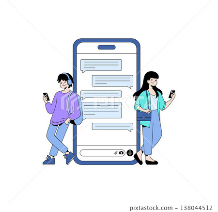 Vector illustration depicting two people leaning on a large smartphone exchanging messages. They appear engaged with their devices, illustrating modern communication and connectivity. 138044512
