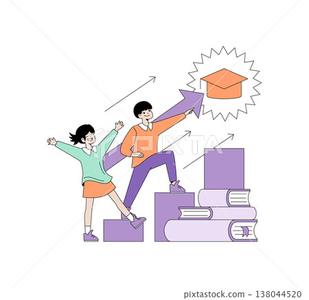Vector illustration shows two people achieving success in education. They happily climb stacks of books and arrows, reaching towards a graduation cap, symbolizing achievement and growth. Vector illustration shows two people achieving success in education. They happily climb stacks of books and arrows, reaching towards a graduation cap, symbolizing achievement and growth. 138044520