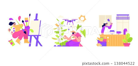 Vector illustration showing three creative activities. A person paints with enthusiasm, another tends to plants with a drone, and a third cooks with joy in a kitchen setting. 138044522