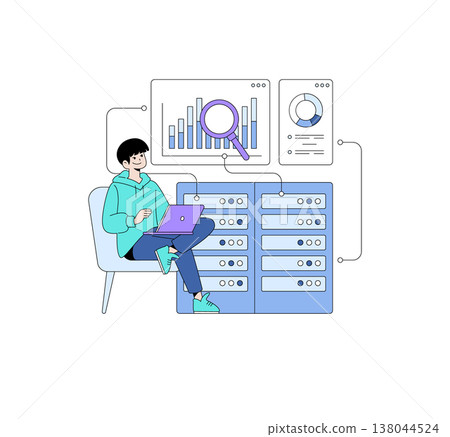 Vector illustration of a person sitting with a laptop while analyzing data trends on a large digital screen. The image includes charts and graphs representing data analytics processes. Vector illustration of a person sitting with a laptop while analyzing data trends on a large digital screen. The image includes charts and graphs representing data analytics processes. 138044524