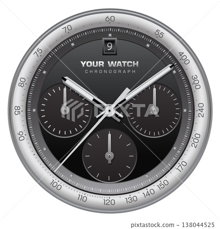 Realistic black silver clock watch face chronograph luxury on white background vector 138044525