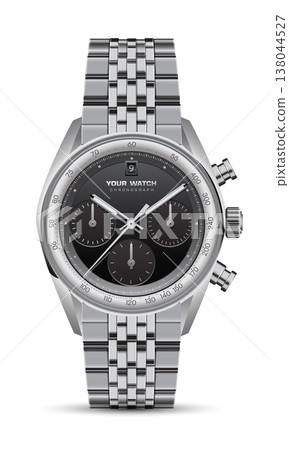 Realistic watch clock chronograph stainless steel black dashboard design luxury fashion object for men on white background vector Realistic watch clock chronograph stainless steel black dashboard design luxury fashion object for men on white background vector 138044527