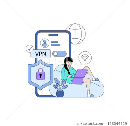 Vector illustration of a woman using a laptop with VPN symbols. She is sitting comfortably, depicting secure internet browsing. Elements like a smartphone, globe, and security icons are included. Vector illustration of a woman using a laptop with VPN symbols. She is sitting comfortably, depicting secure internet browsing. Elements like a smartphone, globe, and security icons are included. 138044529