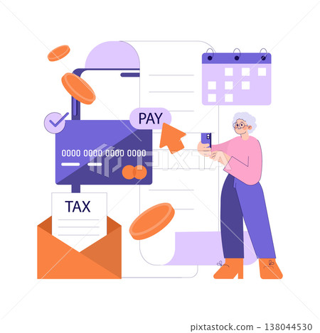 Vector illustration depicting a person using a smartphone to pay taxes online. Features digital payment, a calendar, and coins representing financial transactions in a modern context. Vector illustration depicting a person using a smartphone to pay taxes online. Features digital payment, a calendar, and coins representing financial transactions in a modern context. 138044530