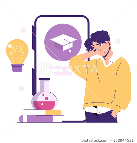 Vector illustration of a thoughtful student beside laboratory equipment and a graduation cap icon on a screen, symbolizing education and innovation concepts. 138044531