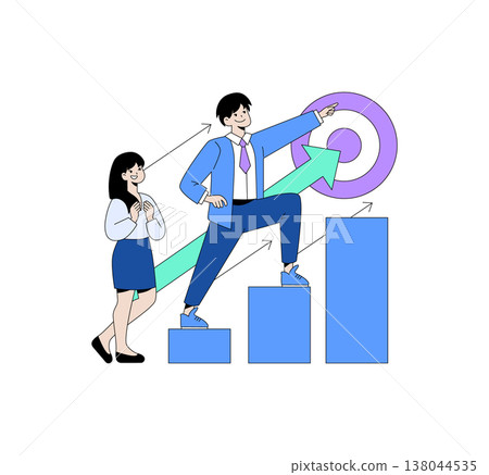 Businesspeople achieving goals depicted in a vector illustration of climbing steps with a rising arrow towards a target symbolizing success and growth. Optimism and collaboration shown. Businesspeople achieving goals depicted in a vector illustration of climbing steps with a rising arrow towards a target symbolizing success and growth. Optimism and collaboration shown. 138044535