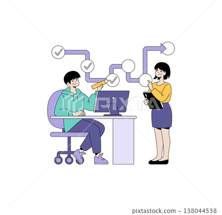 Vector illustration of two colleagues collaborating at a work desk with flowchart elements. One person is seated at a computer, the other standing, both engaged in planning. Vector illustration of two colleagues collaborating at a work desk with flowchart elements. One person is seated at a computer, the other standing, both engaged in planning. 138044538