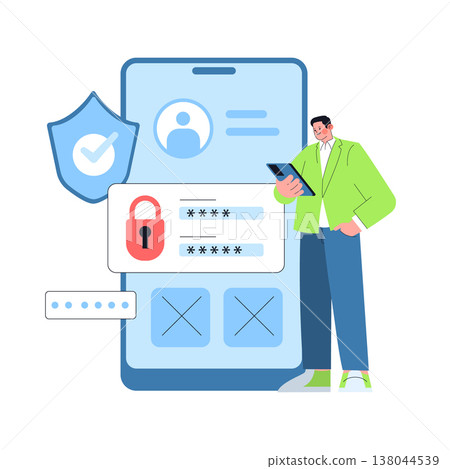 Vector illustration depicts a person interacting with a secure login interface on a smartphone. Features include password fields, a lock icon, and a security shield. Ideal for cybersecurity themes. Vector illustration depicts a person interacting with a secure login interface on a smartphone. Features include password fields, a lock icon, and a security shield. Ideal for cybersecurity themes. 138044539