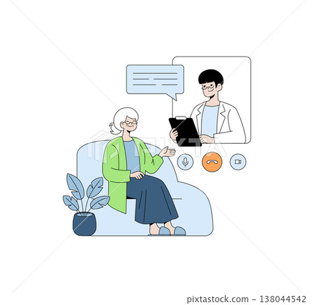 Elderly woman engages in an online medical consultation with a doctor via video call. The vector illustration emphasizes telemedicine and remote healthcare interaction. Elderly woman engages in an online medical consultation with a doctor via video call. The vector illustration emphasizes telemedicine and remote healthcare interaction. 138044542