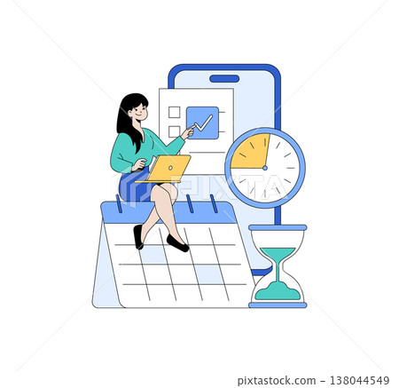 Businesswoman using a laptop and pointing at a chart while sitting on a calendar in this vector illustration. Includes a clock and hourglass to signify time management and productivity. Businesswoman using a laptop and pointing at a chart while sitting on a calendar in this vector illustration. Includes a clock and hourglass to signify time management and productivity. 138044549