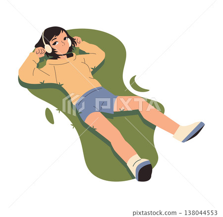 Vector illustration of a girl lying on grass, listening to music with headphones, wearing a hoodie and shorts. She appears relaxed, enjoying a peaceful moment outdoors. Vector illustration of a girl lying on grass, listening to music with headphones, wearing a hoodie and shorts. She appears relaxed, enjoying a peaceful moment outdoors. 138044553