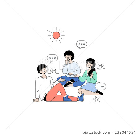 Vector illustration of three friends sitting on grass, engaged in a lively conversation under the sun. Speech bubbles suggest a fun and relaxed exchange of ideas. Vector illustration of three friends sitting on grass, engaged in a lively conversation under the sun. Speech bubbles suggest a fun and relaxed exchange of ideas. 138044554