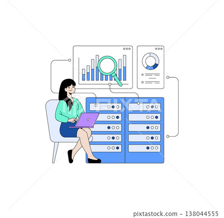 Vector illustration of a woman sitting with a laptop analyzing data. She is surrounded by graphs and charts depicting statistics and trends, conveying a focus on data analysis and technology. Vector illustration of a woman sitting with a laptop analyzing data. She is surrounded by graphs and charts depicting statistics and trends, conveying a focus on data analysis and technology. 138044555