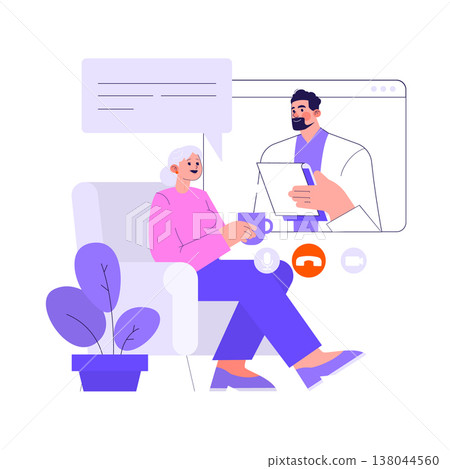 Elderly woman engaging in a virtual doctor consultation using a digital device, seated comfortably in an armchair, expressing attentiveness. Vector illustration highlighting telehealth interaction. 138044560