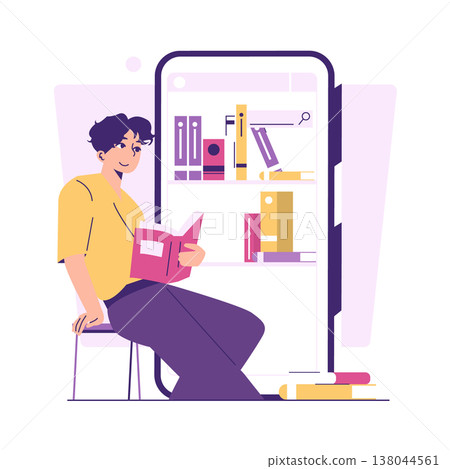 Vector illustration of a person sitting and reading a book in a digital library setting. The scene combines traditional reading with modern technology, showing books both physically and on a screen. Vector illustration of a person sitting and reading a book in a digital library setting. The scene combines traditional reading with modern technology, showing books both physically and on a screen. 138044561