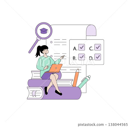 Vector illustration of a woman sitting on books using a laptop. She is engaging in online learning, surrounded by study materials and choosing multiple-choice answers on a large screen. Vector illustration of a woman sitting on books using a laptop. She is engaging in online learning, surrounded by study materials and choosing multiple-choice answers on a large screen. 138044565