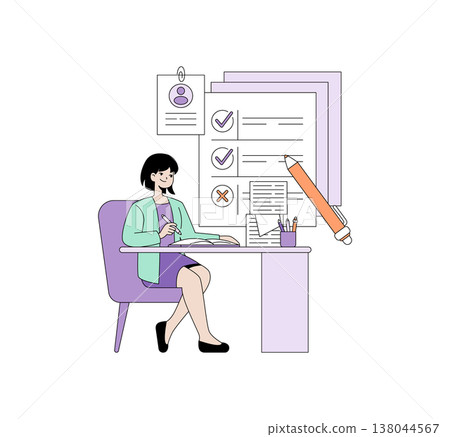 Vector illustration of a businesswoman sitting at a desk, analyzing and reviewing documents with check marks. Ideal for themes related to business processes, evaluation, and office work. Vector illustration of a businesswoman sitting at a desk, analyzing and reviewing documents with check marks. Ideal for themes related to business processes, evaluation, and office work. 138044567