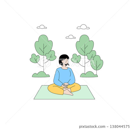 Vector illustration of a woman meditating on a mat in a peaceful outdoor setting surrounded by trees and clouds. The expression is calm, reflecting relaxation and mindfulness. Vector illustration of a woman meditating on a mat in a peaceful outdoor setting surrounded by trees and clouds. The expression is calm, reflecting relaxation and mindfulness. 138044575