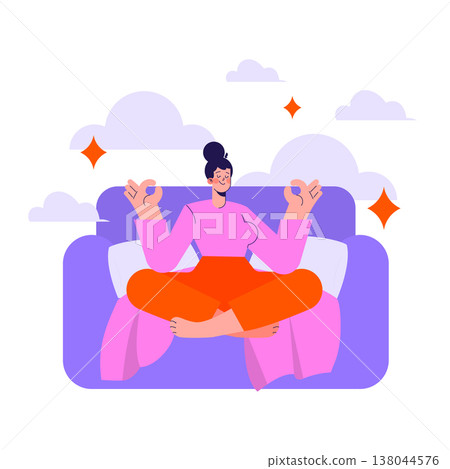 Vector illustration of a woman meditating on a couch with a relaxed expression. She sits cross-legged, surrounded by clouds, embodying calmness and mindfulness in a serene setting. Vector illustration of a woman meditating on a couch with a relaxed expression. She sits cross-legged, surrounded by clouds, embodying calmness and mindfulness in a serene setting. 138044576