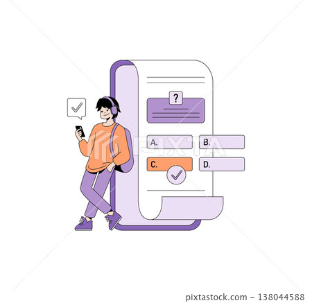 Vector illustration featuring a person leaning against a large paper, completing a multiple choice quiz on a smartphone. The individual appears focused and satisfied with their choice. 138044588