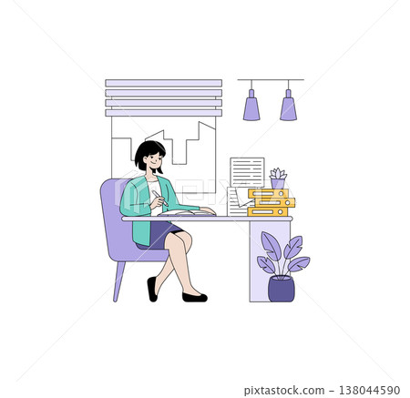 Woman sitting at a desk, writing in a notebook with a pen. Surrounded by stacks of folders, plants, and a framed window in a modern office setting. Vector illustration emphasizing productivity. 138044590