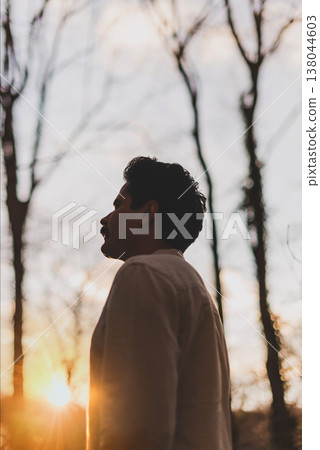 Silhouette of Man at Sunset in Forest for Mental Health Silhouette of Man at Sunset in Forest for Mental Health 138044603