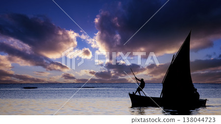 sailboat at sunset in Mauritius island sailboat at sunset in Mauritius island 138044723