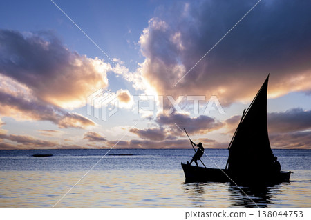 sailboat at sunset in Mauritius island 138044753