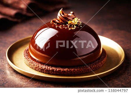 Chocolate Mousse Dessert. An exquisite chocolate ball-shaped dessert with a shiny mirror glaze is served on a textured plate decorated with gold leaf in an elegant, subdued restaurant setting. 138044797