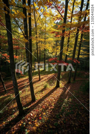Golden light and shadow in the autumn forest; sunlight pouring through the deciduous trees. Golden light and shadow in the autumn forest; sunlight pouring through the deciduous trees. 138044884