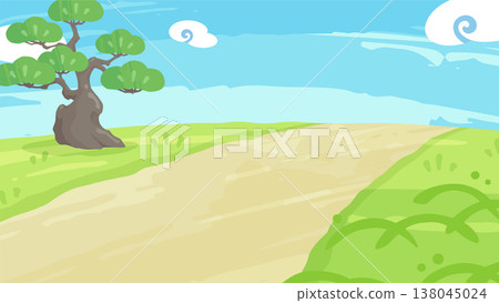 日式背景插畫,描繪了一片草原和一條長滿松樹的小路_16:9 日式背景插畫,描繪了一片草原和一條長滿松樹的小路_16:9 138045024