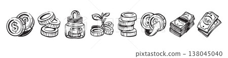 Money icon set, hand drawn coin doodle illustration banking cash cartoon ink brushstroke graphic.  138045040