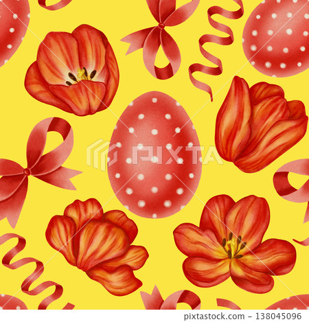 A seamless watercolor pattern with red tulips, polka-dot Easter eggs, and bows. An elegant spring floral backdrop for holiday packaging, textiles and decor, greeting cards, and invitations. A seamless watercolor pattern with red tulips, polka-dot Easter eggs, and bows. An elegant spring floral backdrop for holiday packaging, textiles and decor, greeting cards, and invitations. 138045096