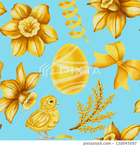 Bright watercolor seamless pattern featuring yellow daffodils, cute chick, mimosa and striped Easter egg. Festive spring background for holiday packaging, textiles, decor, greeting cards, invitations Bright watercolor seamless pattern featuring yellow daffodils, cute chick, mimosa and striped Easter egg. Festive spring background for holiday packaging, textiles, decor, greeting cards, invitations 138045097