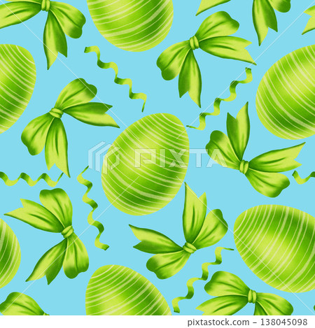 Watercolor seamless pattern with green striped Easter eggs, elegant bows and serpentine. Festive spring background for holiday packaging, textiles, decor, greeting cards, invitations Watercolor seamless pattern with green striped Easter eggs, elegant bows and serpentine. Festive spring background for holiday packaging, textiles, decor, greeting cards, invitations 138045098