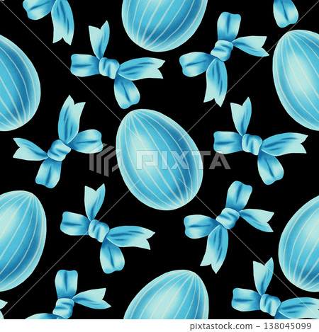 Watercolor seamless pattern with blue striped Easter eggs and soft blue bows. Festive spring background for holiday packaging, textiles, decor, greeting cards, invitations Watercolor seamless pattern with blue striped Easter eggs and soft blue bows. Festive spring background for holiday packaging, textiles, decor, greeting cards, invitations 138045099