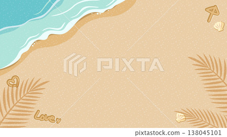 清新夏日風格邊框設計，背景圖案為沙灘和大海，點綴著棕櫚葉和貝殼。 138045101