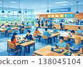 A bright university cafeteria and dining hall bustling with students. 138045104