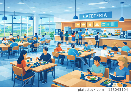 明亮的大學自助餐廳和食堂裡擠滿了學生。 138045104