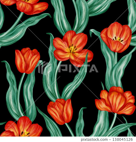 Seamless watercolor pattern with vibrant red tulips and green leaves. Elegant floral background for spring holidays, Easter designs, textile, and wrapping paper. Seamless watercolor pattern with vibrant red tulips and green leaves. Elegant floral background for spring holidays, Easter designs, textile, and wrapping paper. 138045126