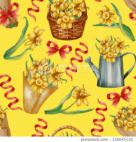 Seamless watercolor pattern with yellow daffodils in baskets, watering cans, paper bouquets with red ribbons. Cozy spring gardening and Easter holiday concept, textiles, packaging, cards, invitations 138045128
