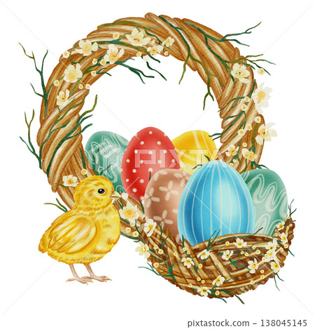 Hand-drawn watercolor Easter scene with a cute yellow chick, colorful eggs in a nest, and a blossoming wreath frame. Perfect for cards, invitations, packaging, and seasonal decor Hand-drawn watercolor Easter scene with a cute yellow chick, colorful eggs in a nest, and a blossoming wreath frame. Perfect for cards, invitations, packaging, and seasonal decor 138045145