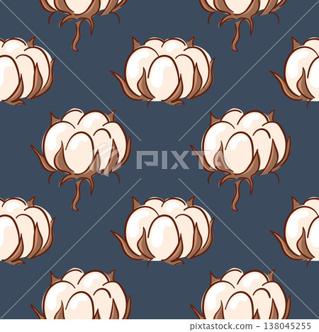 Seamless pattern with flat style cotton plant on dark blue background. Illustration for textile print, organic design, wrapping paper and wallpaper. Seamless pattern with flat style cotton plant on dark blue background. Illustration for textile print, organic design, wrapping paper and wallpaper. 138045255