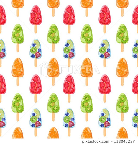 Seamless pattern with colorful fruit ice pop in cartoon style. Repeating summer dessert background for textile, wrapping paper, package and grocery design. 138045257