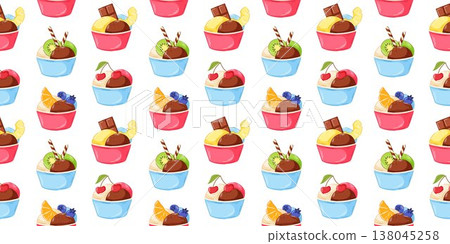 Seamless pattern with ice cream cup and fruit topping in cartoon style. Repeating dessert background for cafe wallpaper, wrapping paper, menu and sweet design. Seamless pattern with ice cream cup and fruit topping in cartoon style. Repeating dessert background for cafe wallpaper, wrapping paper, menu and sweet design. 138045258