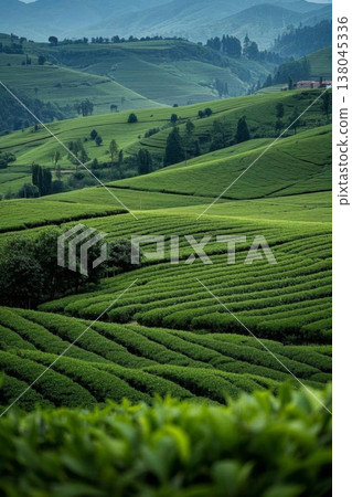 翠绿茶园的诗意画卷 云雾缭绕的生态茶山 138045336